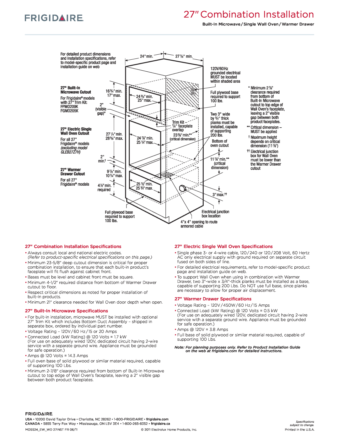 Frigidaire FGMO205K manual Warmer Drawer Specifications, Combination Installation Specifications 